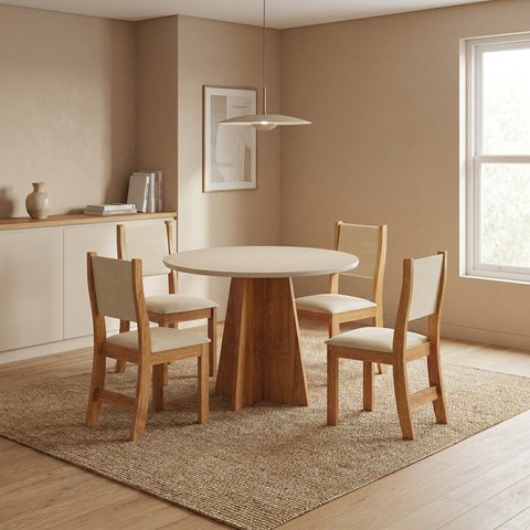 Mesa de Jantar Redonda com 4 Cadeiras 90x78x50cm Blonde Bege Linha Chilli