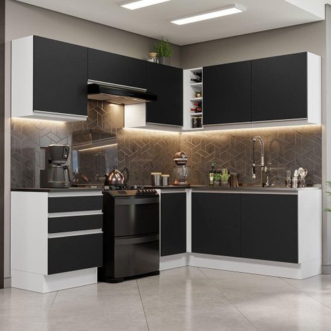 Armário De Cozinha Completa De Canto Mdf 409cm Branco preto