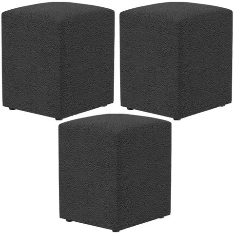 Kit 03 Puffs Quadrado Decorativo L02 Bouclê Preto - Lyam Decor Puff Quadrado