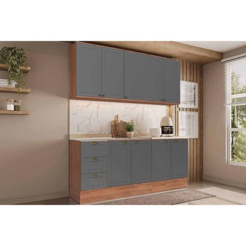 Cozinha Completa Bella 4 Peças (2aéreos+2balcões) C4p252 Nogal/cinza - Carraro