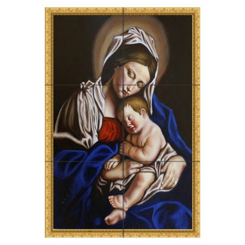 Quadro Virgem Maria com Menino Jesus Nos Braços 60x40 em Azulejos