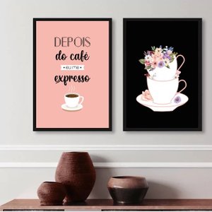 Kit 2 Quadros Cantinho do Café- Preto e Rosa 24x18cm - com Vidro:madeira Branca