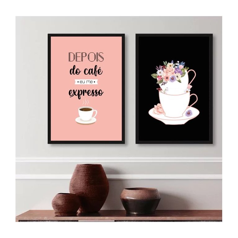 Kit 2 Quadros Cantinho do Café- Preto e Rosa 24x18cm - com Vidro:madeira Branca Kit 2 Quadros Cantinho do Café- Preto e Rosa 24x18cm - com Vidro:madeira Branca