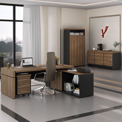 Conjunto para Escritório 4 Peças com Mesa em L Diretor, Balcão com Gavetas, Gaveteiro e Armário Alto Marrom/Nogal/Preto Artany