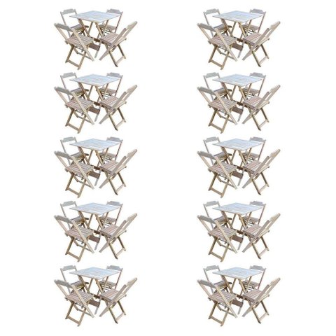 Kit 10 Conjuntos De Mesa Com 4 Cadeiras De Madeira Dobravel 70X70 Sem Pintura/Crua - Marrom