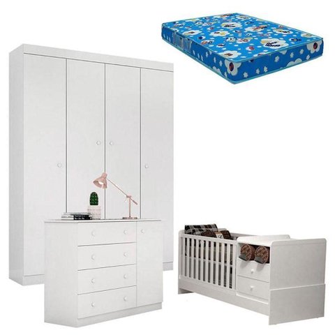 Quarto de Bebê Helena com Berço Multifuncional Selena com Colchão Phisical Branco Brilho –