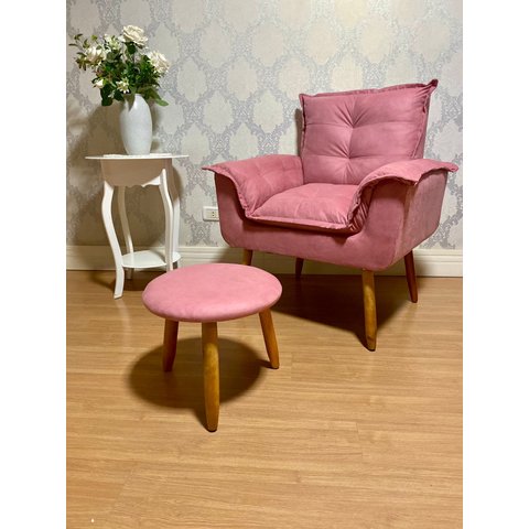Poltrona Opala Luana Cadeira Decorativa + Puff Redondo Pés Palito Mercado Dos Móveis:rosê