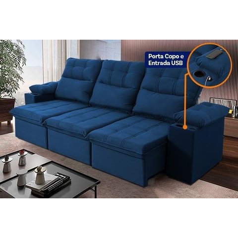 Sofá Retrátil Reclinável Verona Usb + Porta Copo 2,30m Suede Velut Azul C/ Molas no Assento -