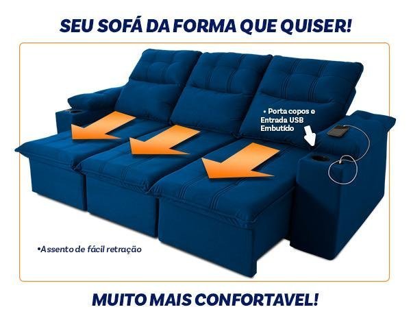 Sofá Retrátil Reclinável Verona Usb + Porta Copo 2,30m Suede Velut Azul C/ Molas no Assento - - 5