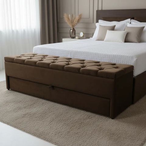 Puff com Baú e Gaveta 120x50x45cm Cor Marrom (veludo Suede Liso)