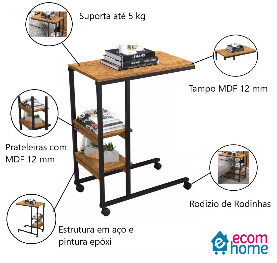 Mesa Auxiliar Fit Canela para Sofá com Rodinhas Notebook - 3