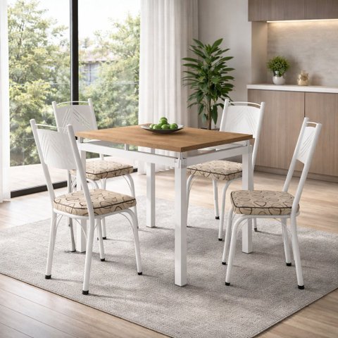 Conjunto Mesa de Jantar com 4 Cadeiras 151 Malva Tampo Bp 91cm Nature Branco Assento Cedro - Combo S