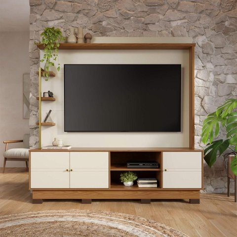 Estante Home Theater Paraná Tv até 70” 3 Portas 4 Prateleiras - Off White Matte / Freijo