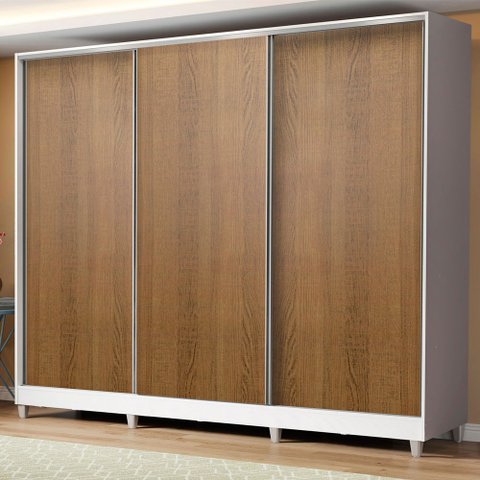 Guarda-Roupa Casal 100% MDF Madesa Royale 3 Portas de Correr com Pés Branco/Rustic Cor:Branco/Rustic