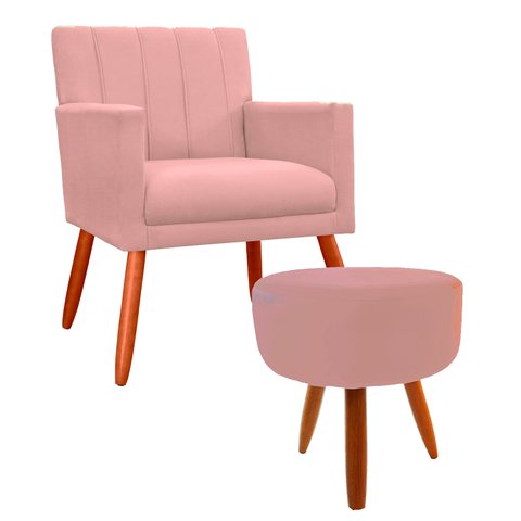 Poltrona Decorativa Miami Luxo com Puff Suede Rosa Bêbê
