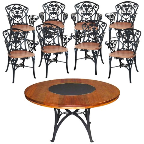 Conjunto Mesa Jantar 1,60m Madeira Giratória 8 Cadeiras Aluminio Fundido - Preto