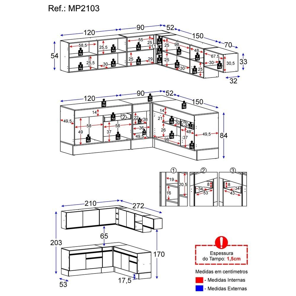 Armário de Cozinha Completa de Canto com Rodapé Veneza Multimóveis MP2103.891 Branco - 5