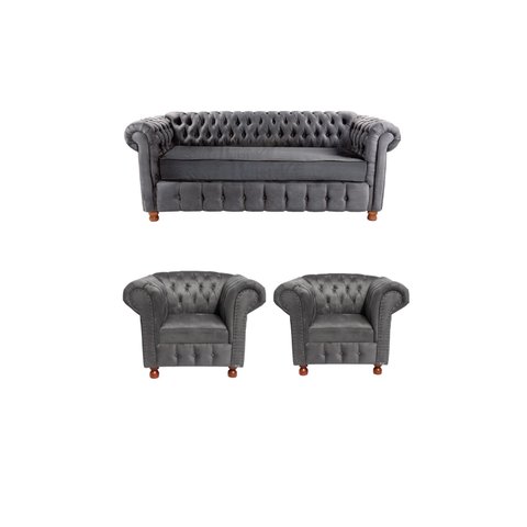 1 Sofá 2m + 2 Poltronas Chesterfield Luiz Xv Suede Cinza Camuça /barbearia, Casa, Decoração,recepção