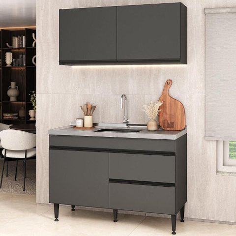 Armário Cozinha Modulada Compacta com Pia 120cm Milano Multimóveis MCR2471 Grafite