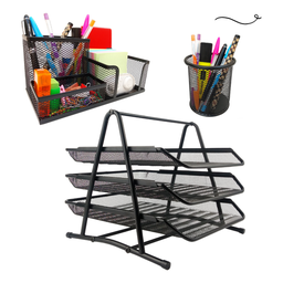 Kit Escritório Porta Caneta Lápis Bandeja Tripla Deslizantes Organizador de Mesa Preto - 2