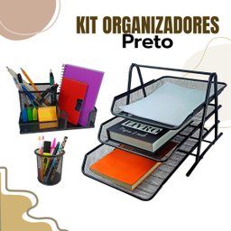 Kit Escritório Porta Caneta Lápis Bandeja Tripla Deslizantes Organizador de Mesa Preto - 3