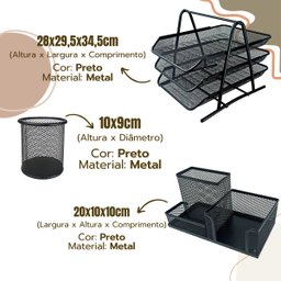 Kit Escritório Porta Caneta Lápis Bandeja Tripla Deslizantes Organizador de Mesa Preto - 5