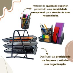 Kit Escritório Porta Caneta Lápis Bandeja Tripla Deslizantes Organizador de Mesa Preto - 6