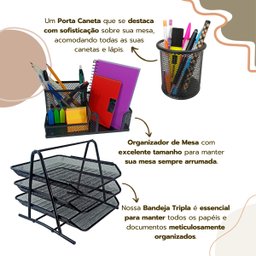 Kit Escritório Porta Caneta Lápis Bandeja Tripla Deslizantes Organizador de Mesa Preto - 4