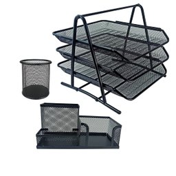 Kit Escritório Porta Caneta Lápis Bandeja Tripla Deslizantes Organizador de Mesa Preto - 1