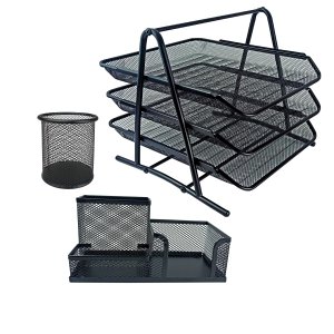 Kit Escritório Porta Caneta Lápis Bandeja Tripla Deslizantes Organizador de Mesa Preto