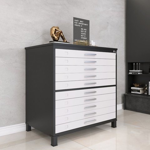 Mapoteca 10 Gavetas 120,4cm x 122,3cm Aço Preto/Branco