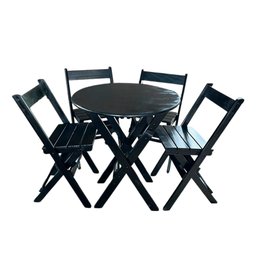 Conjunto Mesa Redondo 70cm Dobrável para Bar e Lanchonetes com 4 Cadeiras em Madeira Maciça - Preto - 1