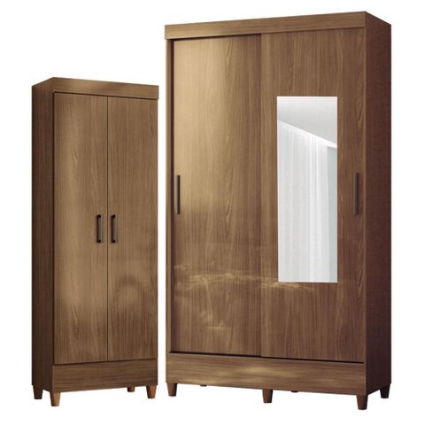 Guarda Roupa Solteiro 2 Portas de Correr com Espelho e Pés e Armário Multiuso com Pés Fit Jequitibá 