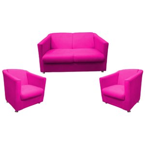 Kit Namoradeira + 2 Poltronas Decorativa Biane Couro Rosa Pink Pés Cromado Mz Decor