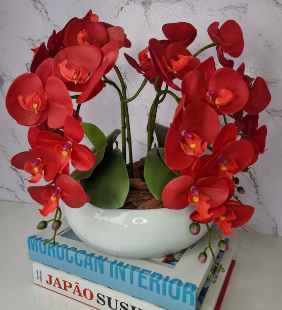 Arranjo Com 4 Orquídeas Vermelha Vaso Ceramica 28cm - 3