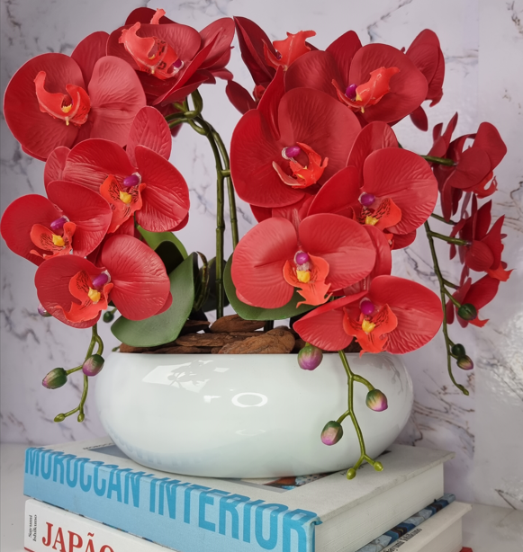 Arranjo Com 4 Orquídeas Vermelha Vaso Ceramica 28cm