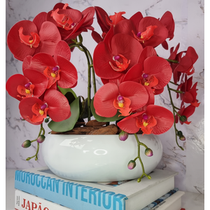 Arranjo Com 4 Orquídeas Vermelha Vaso Ceramica 28cm