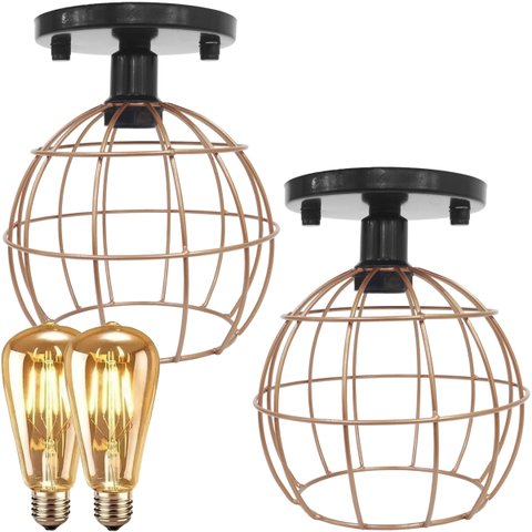 2 Lustre Teto Plafon + 2 Lâmpada Led St64 Industrial Aramado Globo Retrô Luminária Vintage - Preto/C