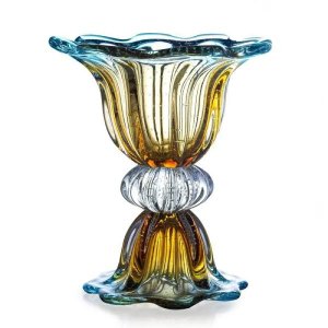 Vaso de Murano Com Base São Marcos - Cristal Azul e Âmbar 34cm