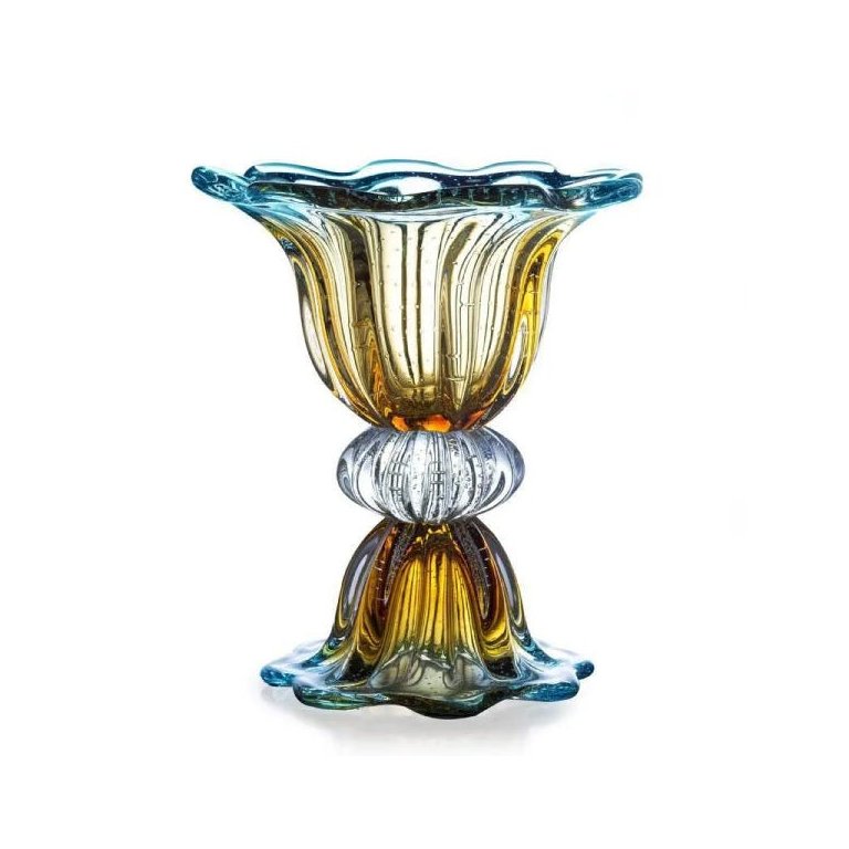 Vaso de Murano Com Base São Marcos - Cristal Azul e Âmbar 34cm