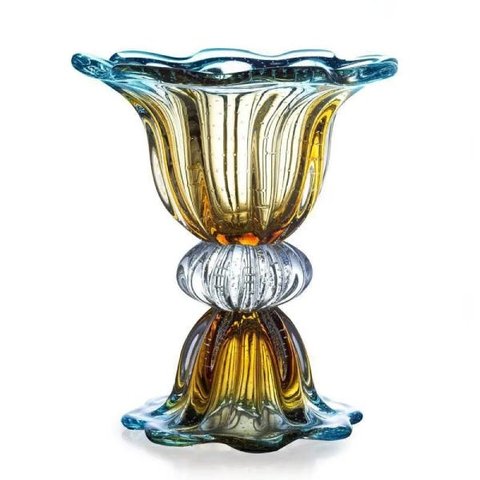 Vaso de Murano Com Base São Marcos - Cristal Azul e Âmbar 34cm
