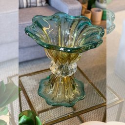 Vaso de Murano Com Base São Marcos - Cristal Azul e Âmbar 34cm - 2