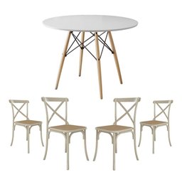 Jogo de Mesa Eiffel Redondo Tampo de Madeira 90cm Branco com 4 Cadeiras Katrina Off Whiteo Be - 1