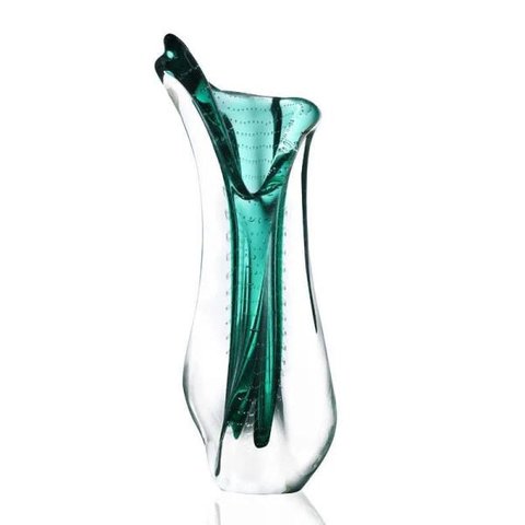 Vaso De Murano São Marcos - Cristal Verde Esmeralda/Transparente 54cm