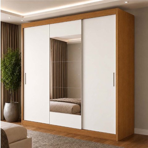 Guarda-Roupa 100% MDF 3 Portas de Correr 4 Gavetas com Espelho 193x213x55cm Cinamomo /Branco