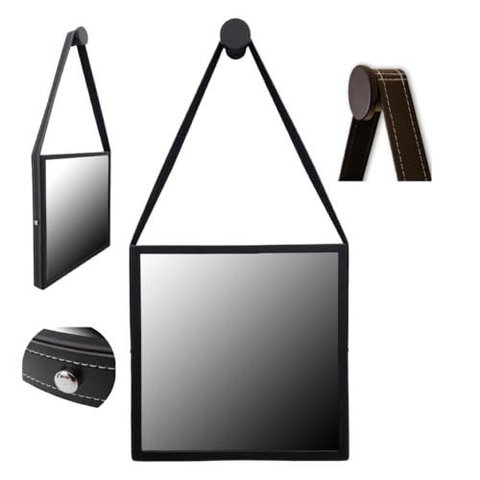 Espelho Quadrado 50cm Adnet Moldura Alumínio com Alça Costurada - Preto