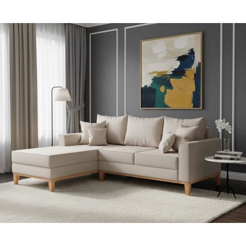 Sofá Beny com Chaise Esquerda, 3 Lugares, Estofado em Linho, Base em Madeira, 1,40x2,00m.
