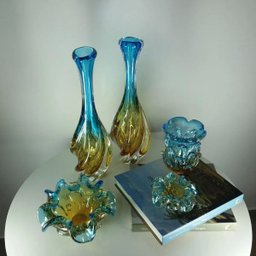 Centro de Mesa de Murano São Marcos - Cristal Azul com Âmbar 22cm - 2