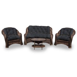 Conjunto de Sofá Fibra Sintética Melo - 1 Sofá 2 L + 2 Poltronas + 1 Mesa Centro - Tecido Duna Preto