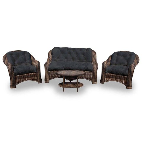 Conjunto de Sofá Fibra Sintética Melo - 1 Sofá 2 L + 2 Poltronas + 1 Mesa Centro - Tecido Duna Preto